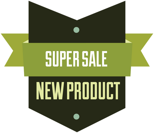 Green retail discount sign sticker with bold text: "SUPER SALE" and "NEW PRODUCT"