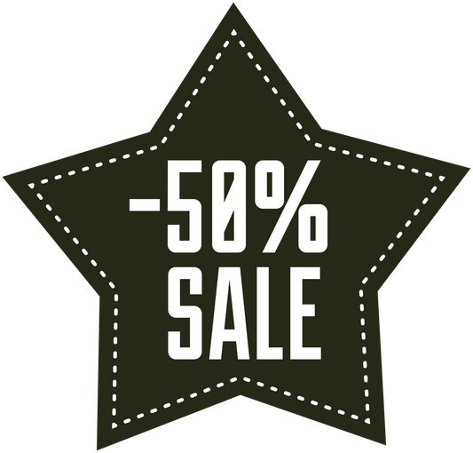 Star-shaped -50% SALE discount sticker with dashed border