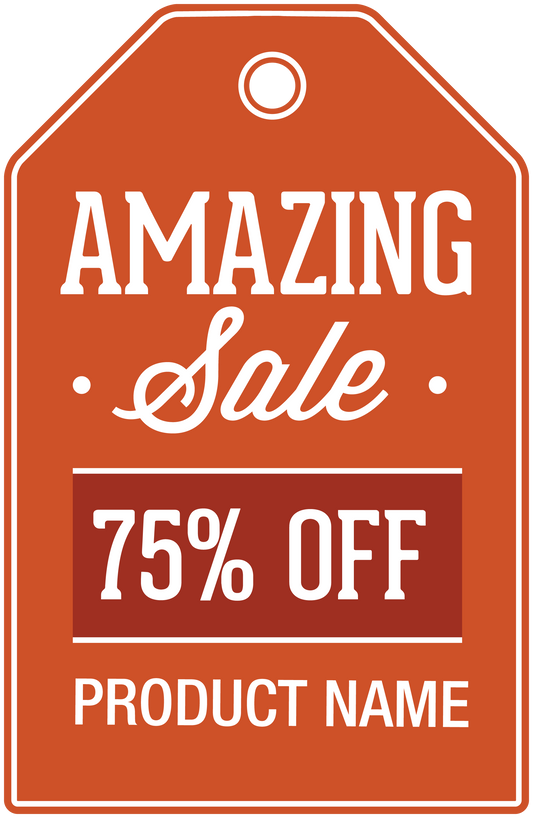 Orange sale sign sticker with “Amazing Sale” and “75% OFF” text, product name box