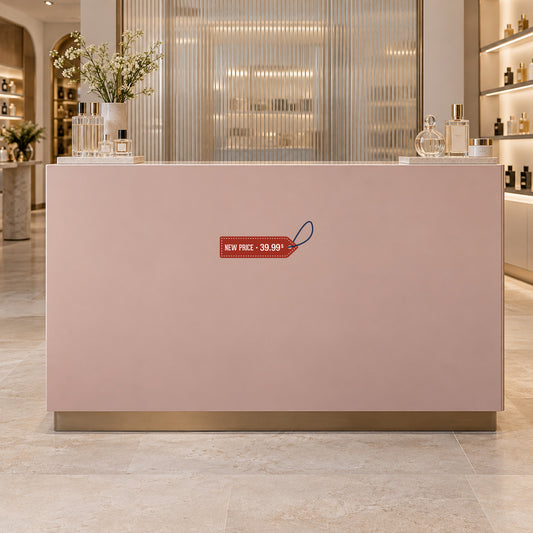 New Price 39.99 Retail Discount Sign Sticker displayed on a fragrance boutique cabinet