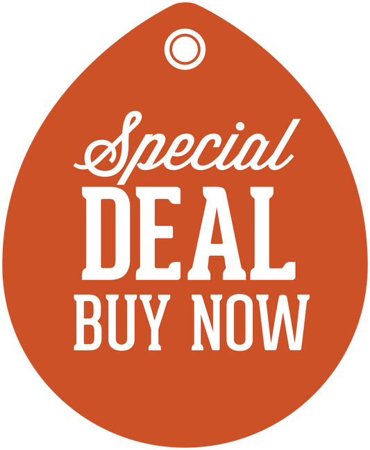 Orange oval retail discount sign sticker with white “Special DEAL BUY NOW” text