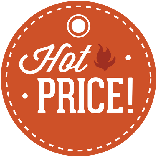 Hot price circular sign sticker, orange with white dashed border and Hot PRICE text