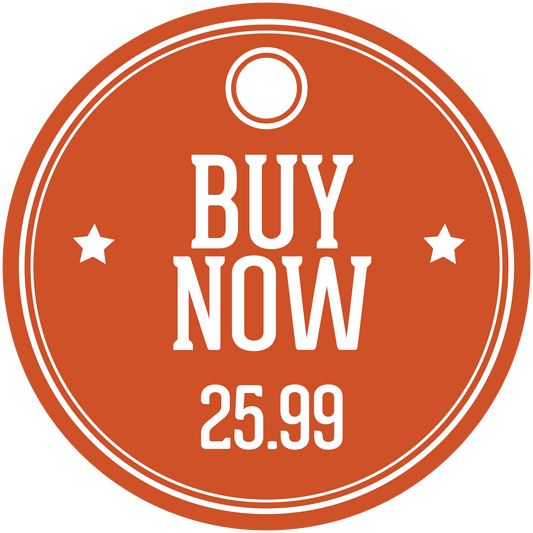 Orange “BUY NOW” circular discount sign sticker, price 25.99