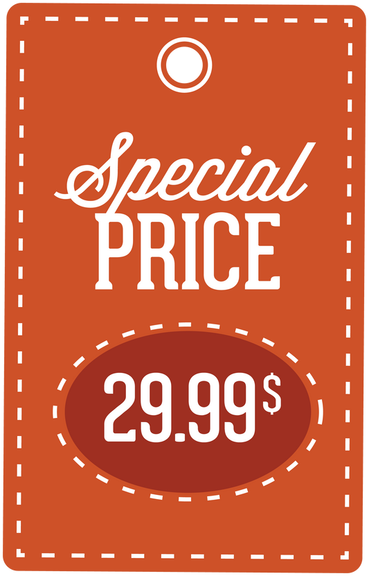 Discount sign sticker reading Special PRICE and 29.99$ on orange background