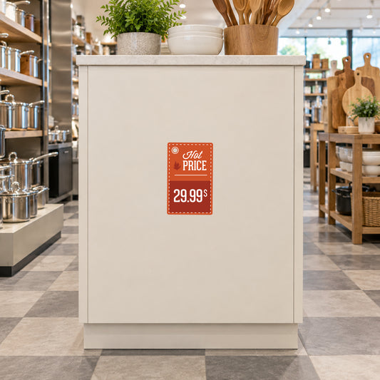 Hot Price $29.99 Retail Discount Sign Sticker displayed on a kitchenware shop endcap cabinet
