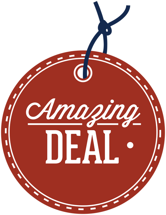 Round red discount sticker with white “Amazing DEAL” lettering and hanging tag icon