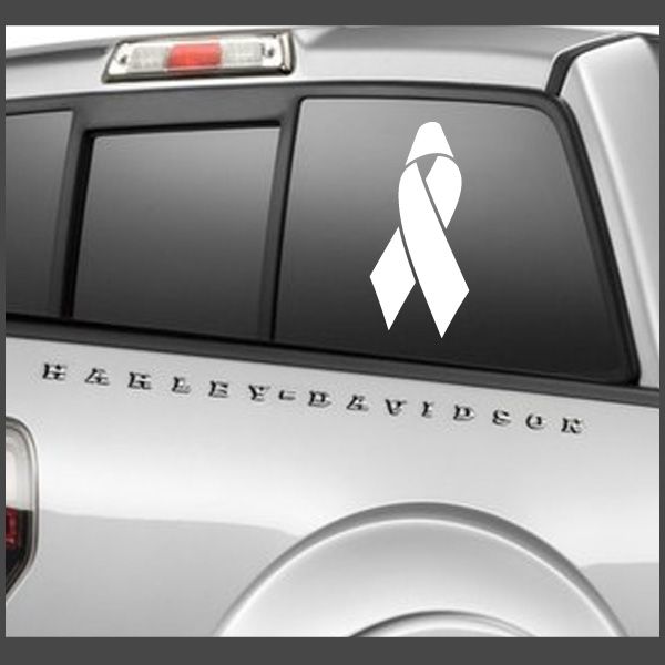 Solid ribbon-shaped window decal with white awareness ribbon symbol