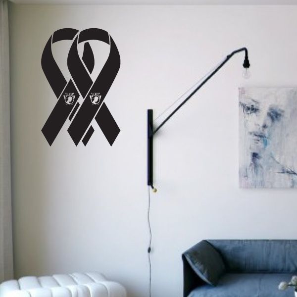 Two POW/MIA ribbon decals, black awareness ribbons with badges