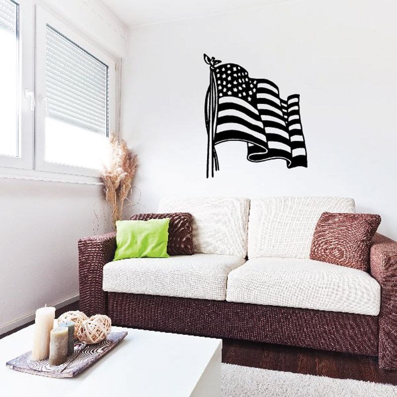 Waving American flag decal with stars and stripes, black-and-white design