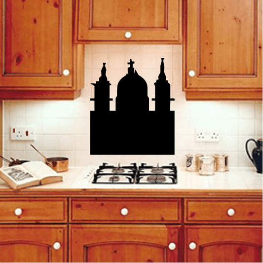 Roman church decal with black silhouette of a cathedral and towers