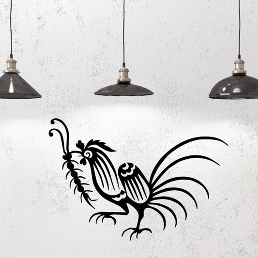 Black rooster and bug wall decal with detailed line art
