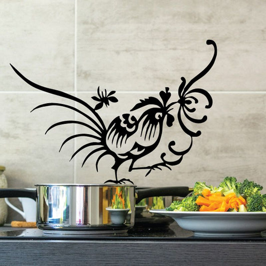 Black rooster and flower wall decal with swirling vines and petals