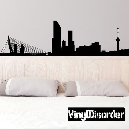 Black Rotterdam skyline wall decal with Erasmus Bridge and tower silhouette