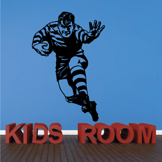 Rugby player wall decal with pushing pose and 'KIDS ROOM' text