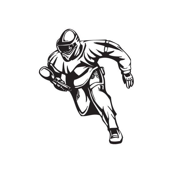 Running paintball player decal, black-and-white silhouette of a sprinting player