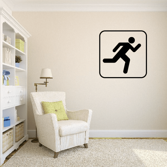 Running icon safety sign decal with black figure in a rounded square outline
