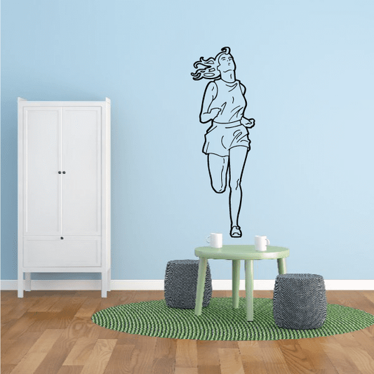 Black running figure vinyl wall decal, outline of runner with flowing hair
