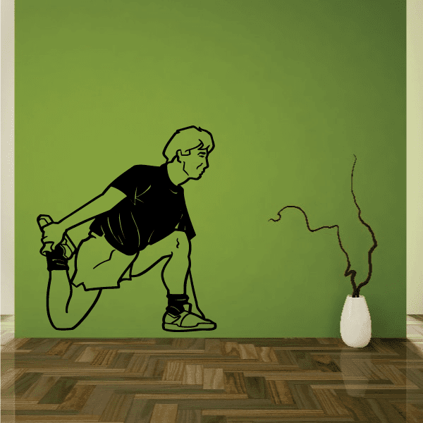 Running wall decal with black outline of a leaning runner holding a cup