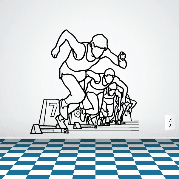 Running wall decal vinyl with outlined racers and checkered track stripes