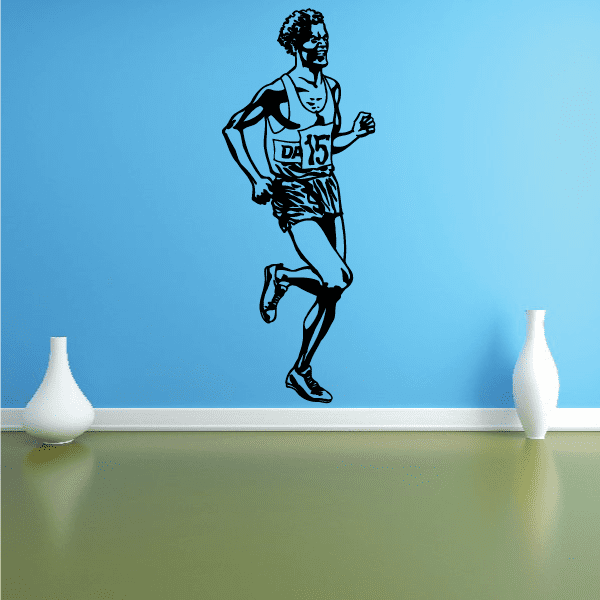 Running wall decal vinyl: black outline runner with bib, jogging pose