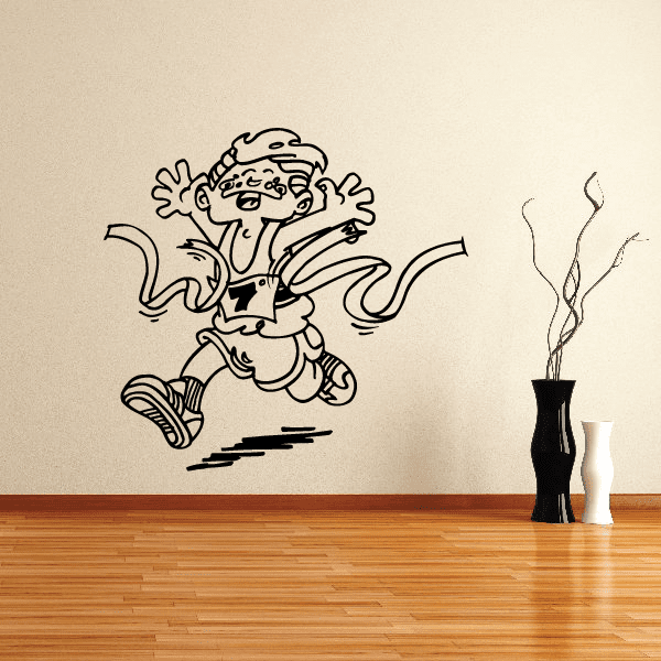 Running wall decal with a cartoon boy in cap and sneakers, motion lines and splash accents