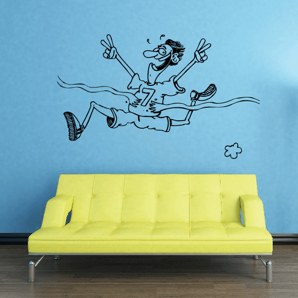 Running cartoon character vinyl wall decal with hands out and small flower