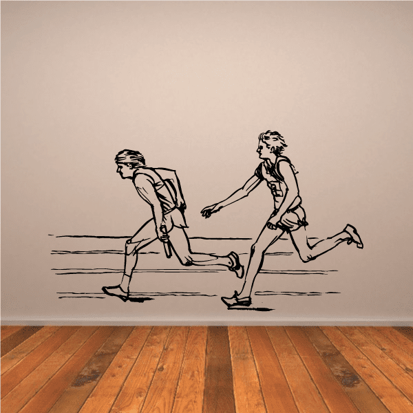 Running wall decal featuring two black vinyl runner silhouettes in motion lines