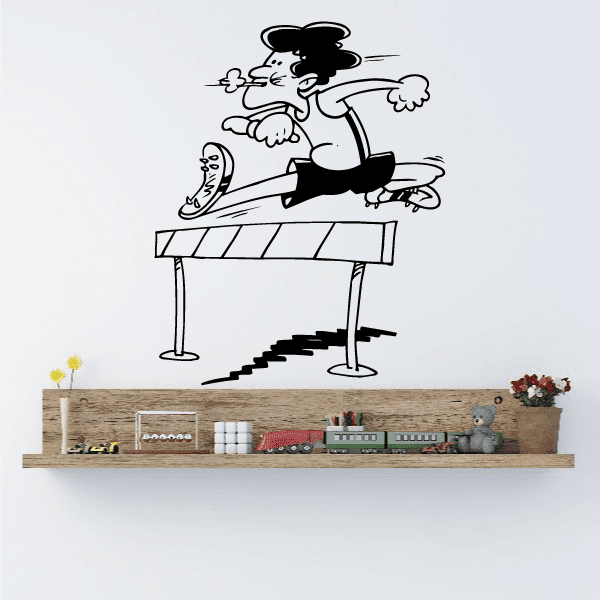 Running wall decal with black mouse running on striped bench