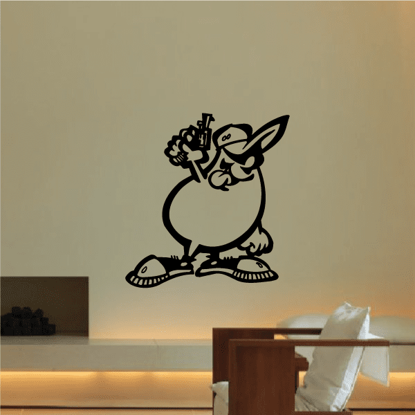 Black cartoon running animal wall decal holding sword, on white surface