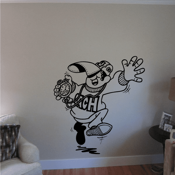 Running cartoon vinyl wall decal with raised hand, stopwatch, and running shoes