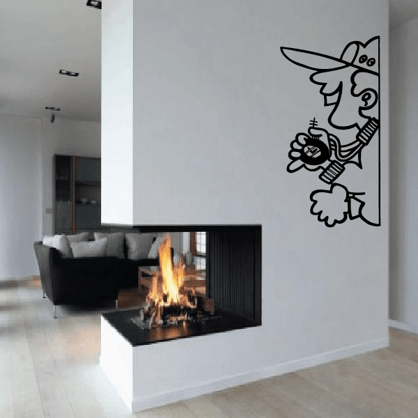 Black line-art cartoon wall decal with flowers on a light wall