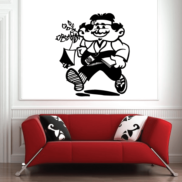 Black running cartoon wall decal of a boy with hat and backpack, vinyl