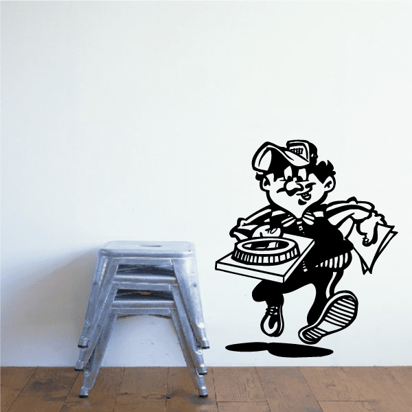 Black vinyl wall decal of a running cartoon character holding a boombox