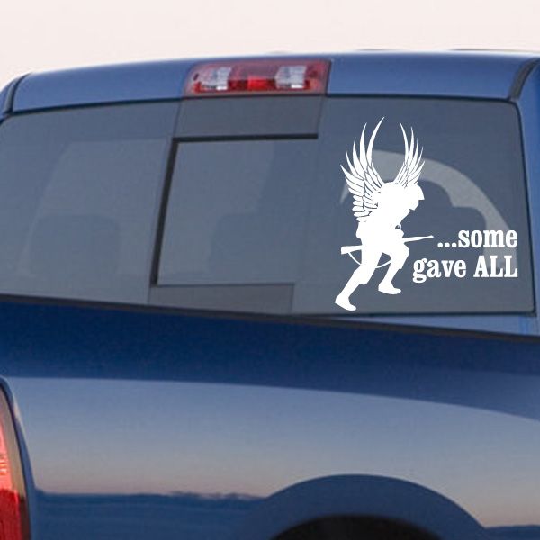 Winged soldier car decal with text ...some gave ALL