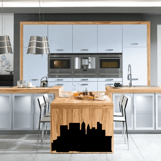 Black city skyline wall decal with varied building silhouettes