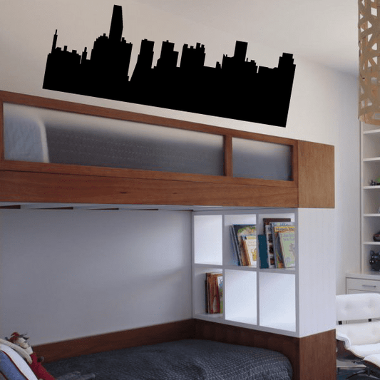 Black city skyline wall decal with tall building silhouettes