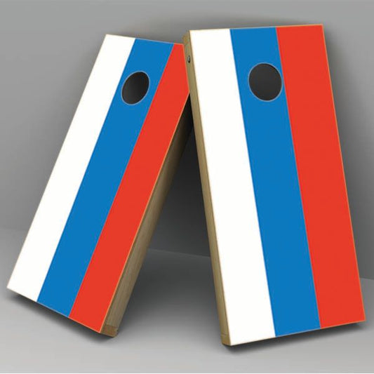 Cornhole board vinyl wrap with Russian flag stripes and black circular holes