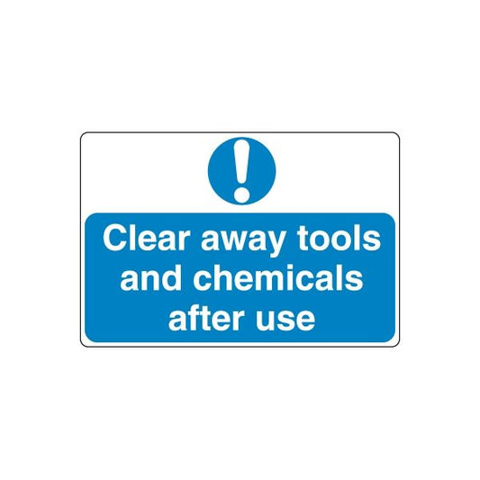 Safety sign decal: blue with exclamation icon and text 'Clear away tools and chemicals after use'