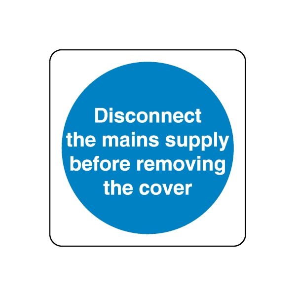 Safety sign decal: blue circle with white text, on a white square
