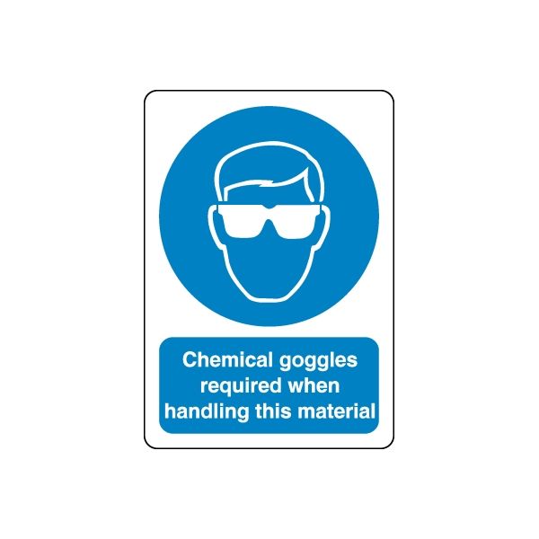 Safety sign vinyl sticker with chemical goggles icon and warning text