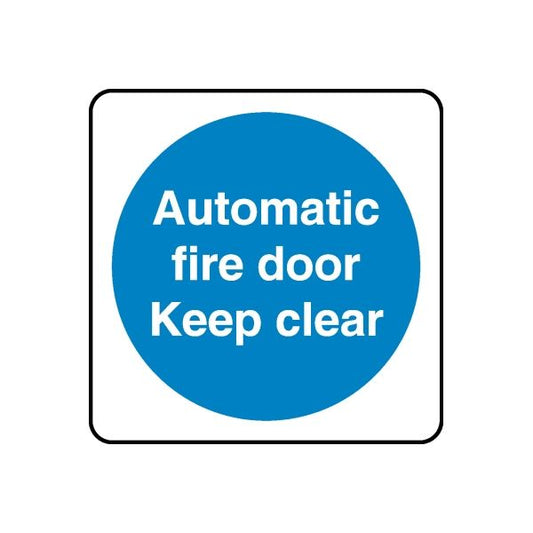 Safety sign wall decal with blue circle: 'Automatic fire door, keep clear'