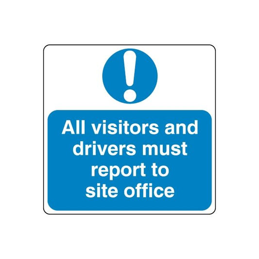 Safety sign decal: blue notice with white exclamation icon and text, site office warning