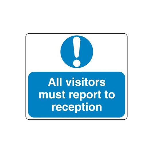 Safety sign wall decal: blue exclamation icon and text "All visitors must report to reception"