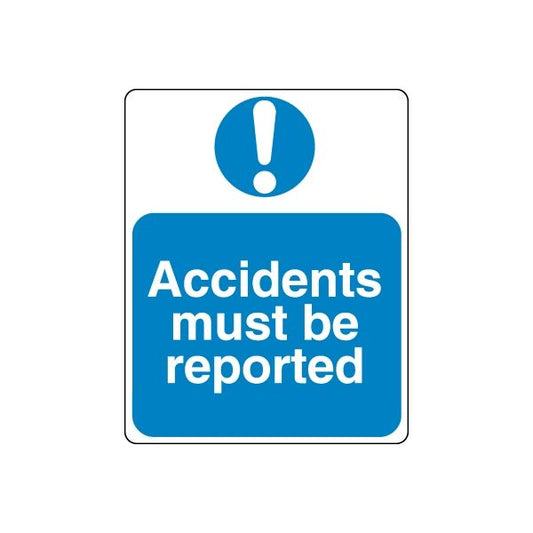 Blue safety wall decal with exclamation icon: Accidents must be reported