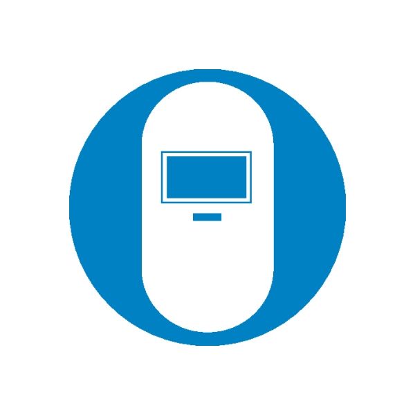 Safety sign vinyl sticker with blue circle and white door icon