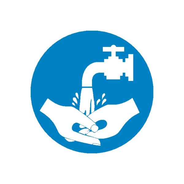 Blue circular safety sticker with white hands washing under faucet and cross