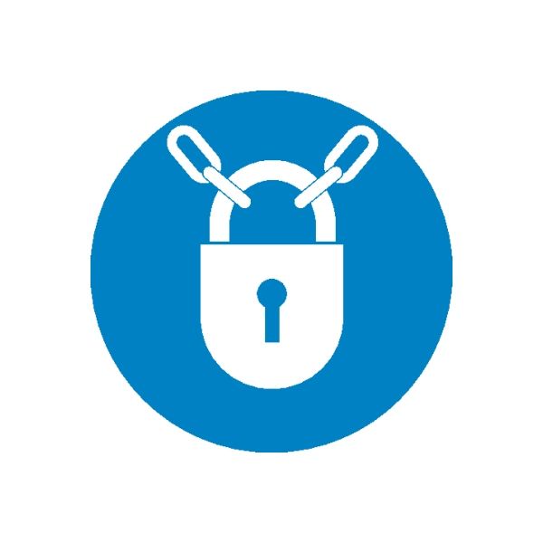 Blue safety sign sticker: white padlock with crossed keys in a circle.