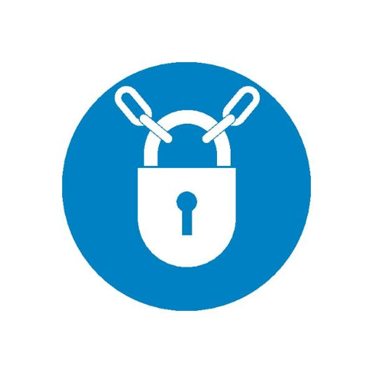 Blue safety sign sticker: white padlock with crossed keys in a circle.