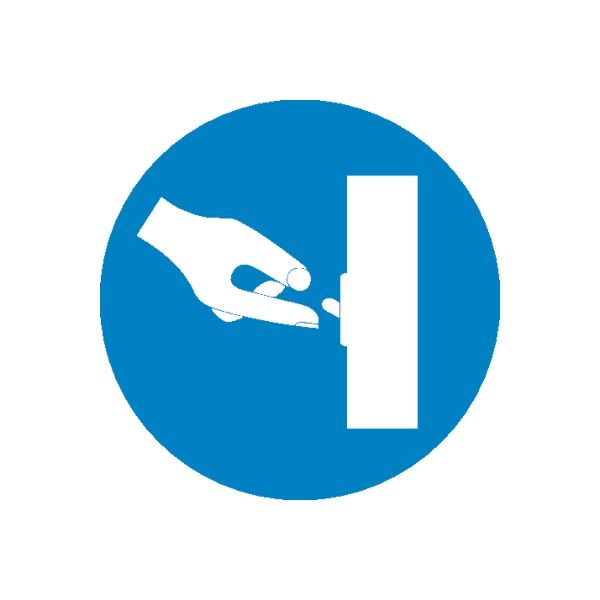 Blue circular safety sign wall decal with white barrier and hand icon