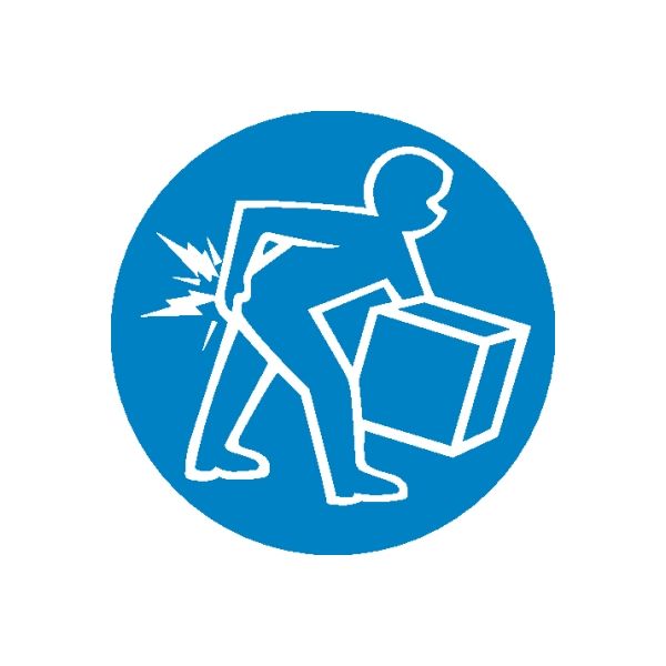 Blue safety sign vinyl sticker: white worker holding box with impact marks